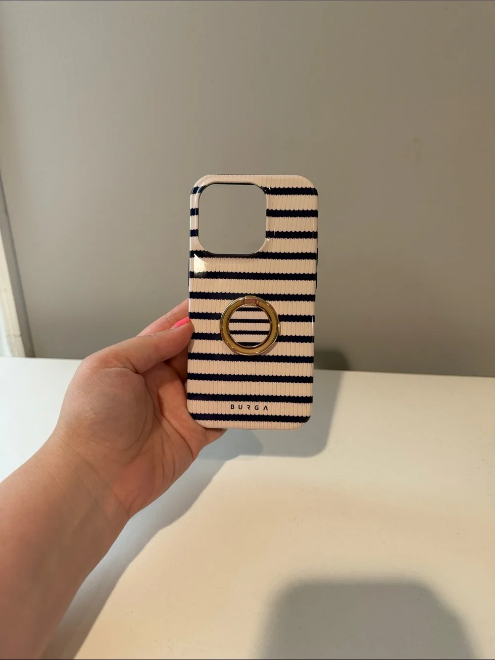 Burga Navy & White Striped Phone Case with Gold Ring